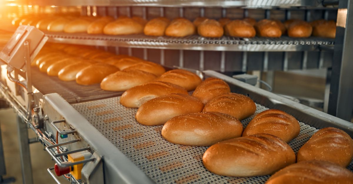 Several freshly baked bread loaves move together on a conveyor system. The controls are visible along the system.